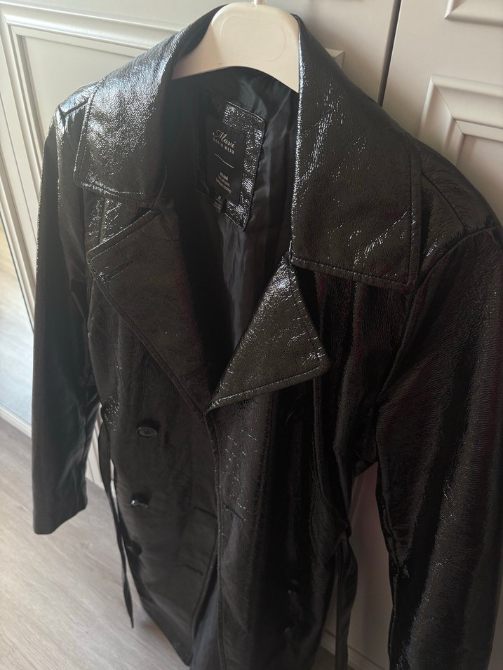 Siyah Parlak Yılan Desenli Midi Deri Trençkot - Görsel 2