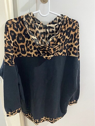 diğer Beden siyah Renk Leopar Desenli Şapkalı Sweater