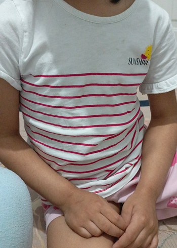 Kız Çocuk Pembe Çizgili Kısa Kollu Tişört
