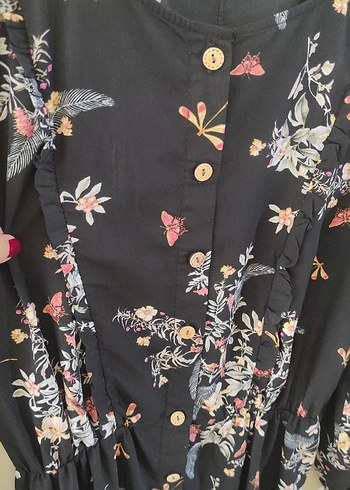 Uzun Kollu Siyah Çiçek Desenli Elbisesi - Görsel 5