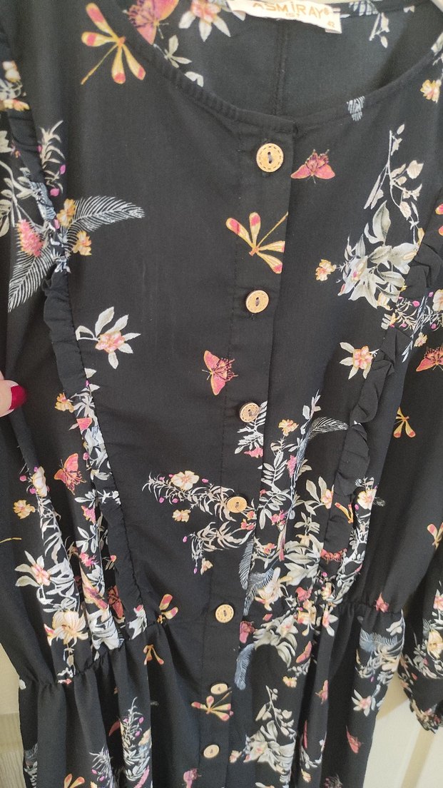Uzun Kollu Siyah Çiçek Desenli Elbisesi - Görsel 5
