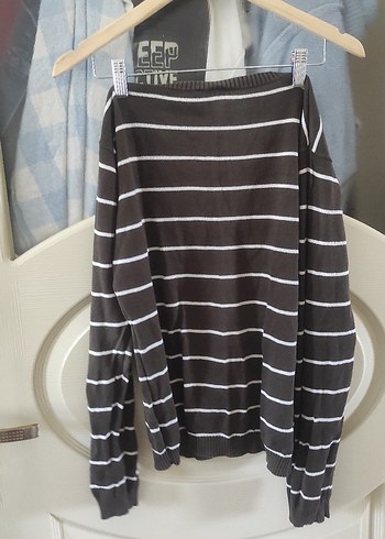 V Yaka Uzun Kollu Çizgili Kahverengi Kadın Kazak - Görsel 5