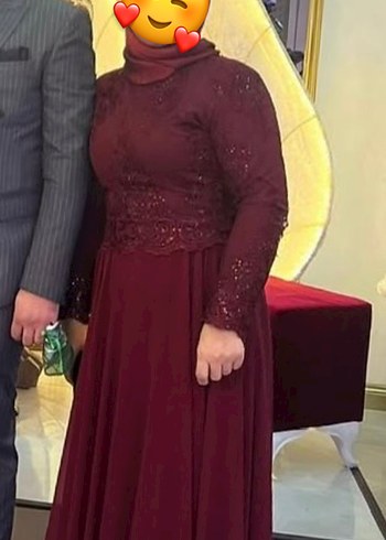 Bordo Uzun Kollu Drapeli Abiye Elbise