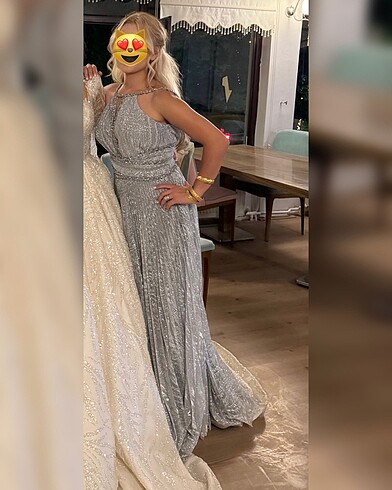 Gri pullu düğün mezuniyet davet elbisesi