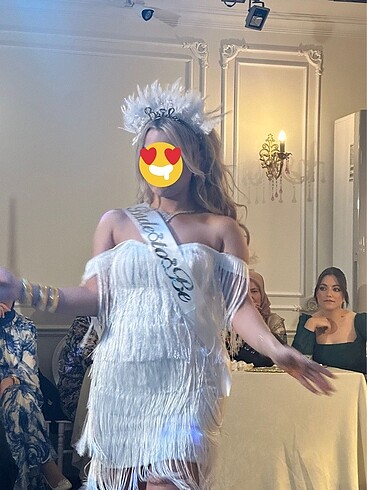 36 Beden Beyaz saçaklı after düğün davet mezuniyet elbisesi