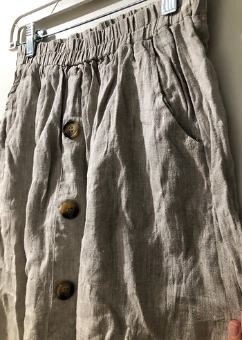 Düğmeli Bej Keten Midi Etek - Görsel 2