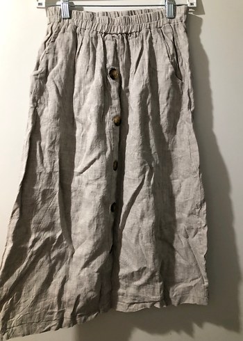 Düğmeli Bej Keten Midi Etek - Görsel 3