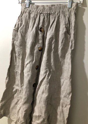 Düğmeli Bej Keten Midi Etek - Görsel 4