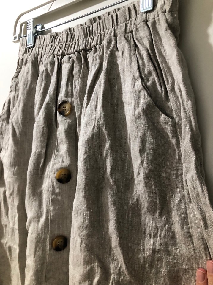 Düğmeli Bej Keten Midi Etek - Görsel 2