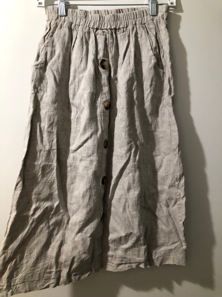 Düğmeli Bej Keten Midi Etek - Görsel 3