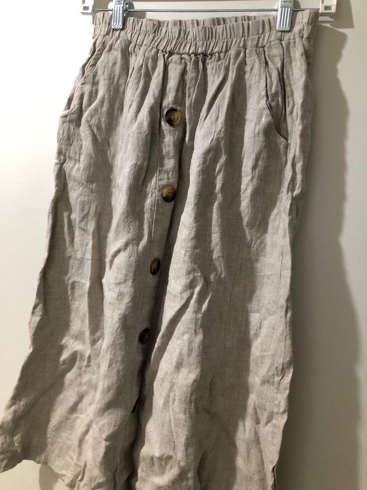 Düğmeli Bej Keten Midi Etek - Görsel 4