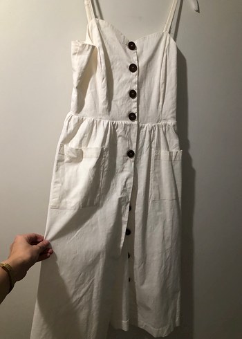 Düğmeli Beyaz Keten Uzun Elbise - Görsel 2