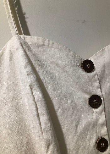 Düğmeli Beyaz Keten Uzun Elbise - Görsel 4