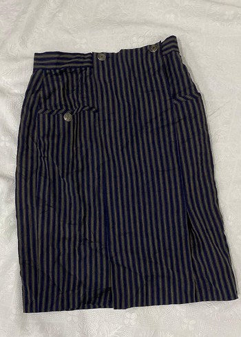 Vintage Lacivert Çizgili Midi Etek - Görsel 2