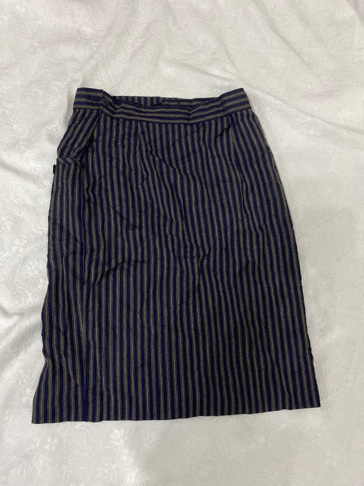 Vintage Lacivert Çizgili Midi Etek - Görsel 3