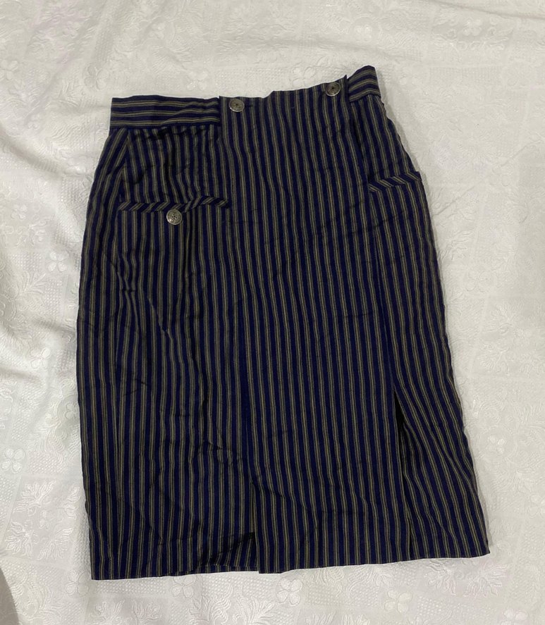 Vintage Lacivert Çizgili Midi Etek - Görsel 2