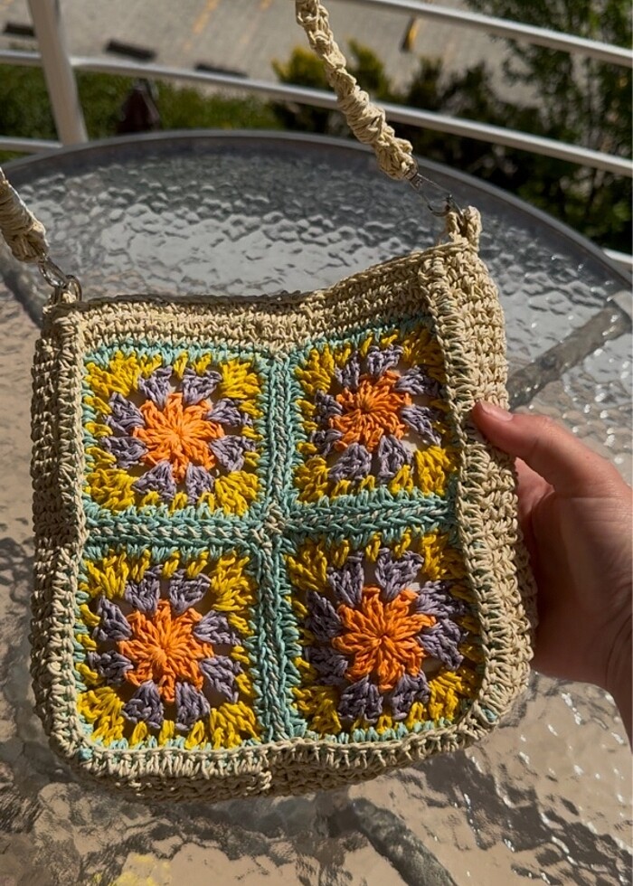 El örgüsü motifli hasır çanta - Görsel 2