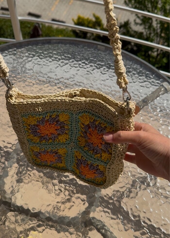 El örgüsü motifli hasır çanta - Görsel 3