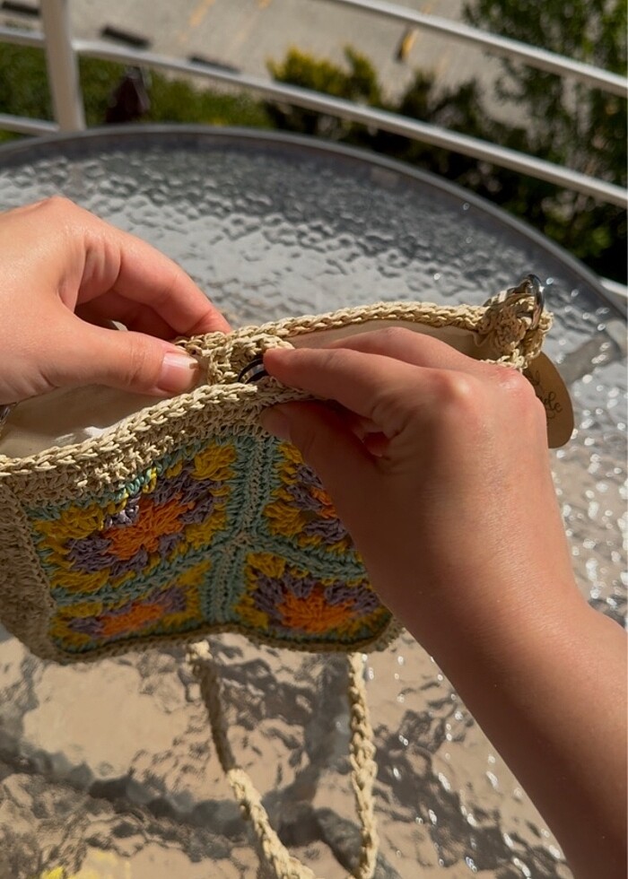 El örgüsü motifli hasır çanta - Görsel 5