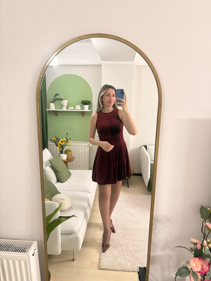 Bordo kadife elbise - Görsel 3