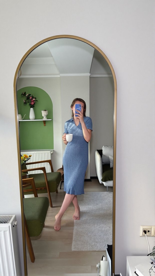 Mavi Triko Kadın Elbise - Uzun, Kısa Kollu - Görsel 3