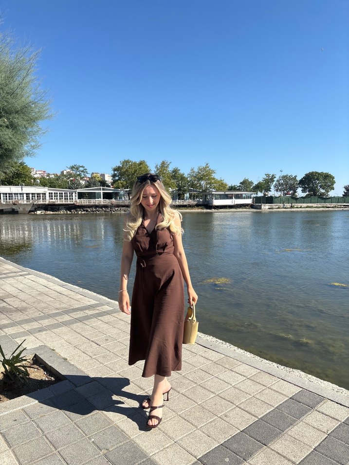 Kahverengi Midi Elbise - Görsel 3