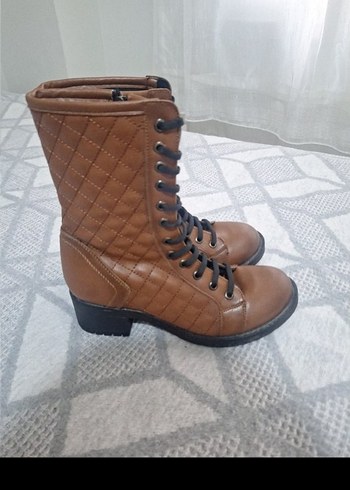 Kahverengi Deri Kadın Botlar Blok Topuklu - Görsel 5