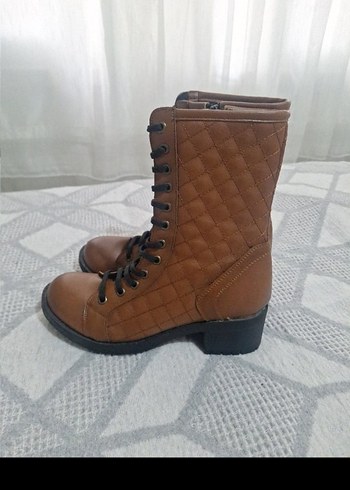 Kahverengi Deri Kadın Botlar Blok Topuklu - Görsel 2