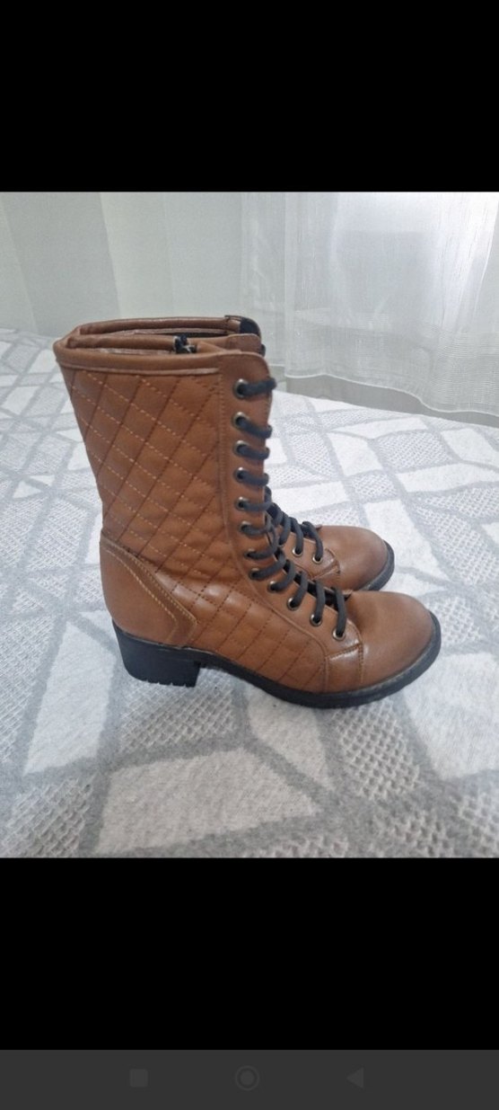 Kahverengi Deri Kadın Botlar Blok Topuklu - Görsel 4