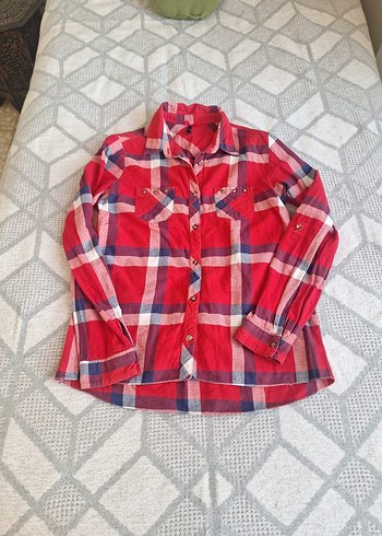 Kadın Kırmızı Ekose Düğmeli Gömlek - Görsel 3