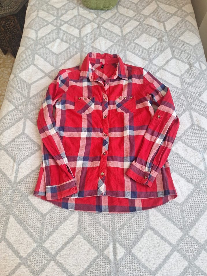 Kadın Kırmızı Ekose Düğmeli Gömlek - Görsel 3