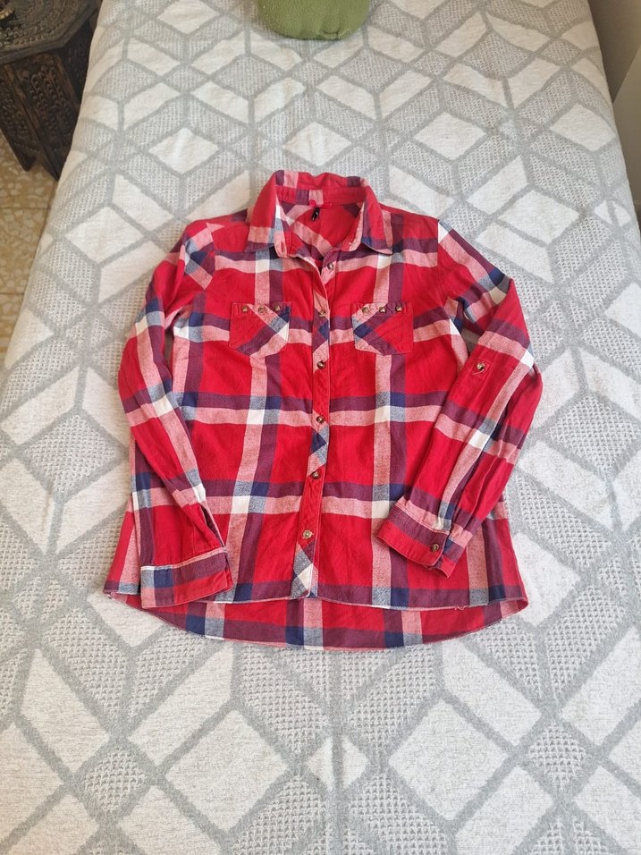 Kadın Kırmızı Ekose Düğmeli Gömlek - Görsel 2