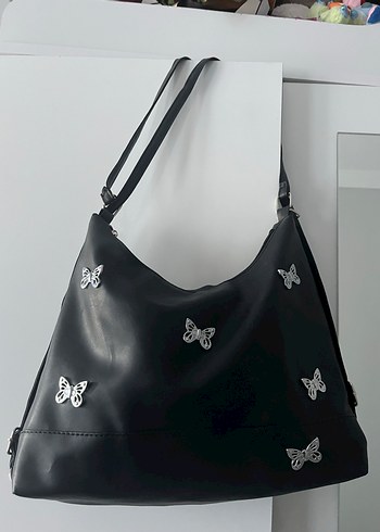 Kelebek Süslemeli Siyah Deri Gotik Çanta - Görsel 4