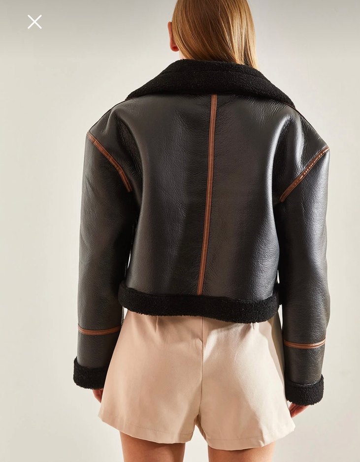Kürklü Kısa Kahverengi Deri Ceket - Görsel 3
