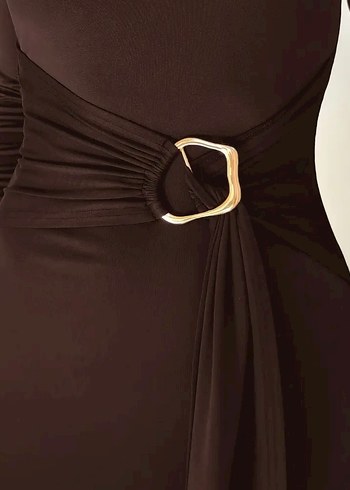 Kahverengi Uzun Kollu Yüksek Yakalı Kadın Elbise - Görsel 3