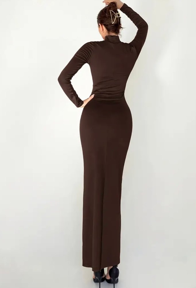 Kahverengi Uzun Kollu Yüksek Yakalı Kadın Elbise - Görsel 4