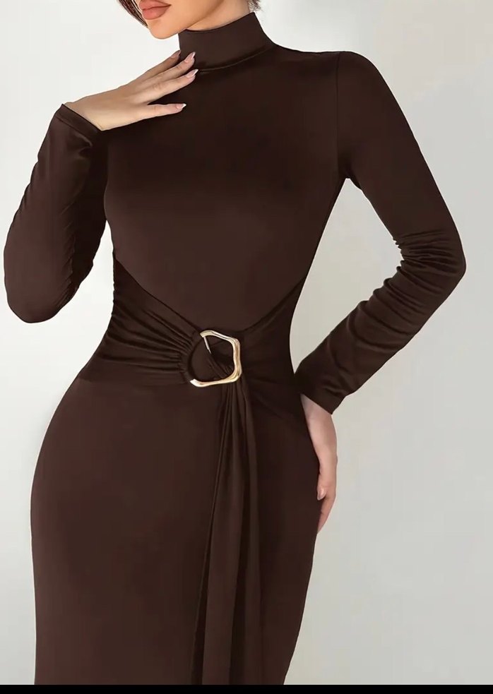 Kahverengi Uzun Kollu Yüksek Yakalı Kadın Elbise - Görsel 2