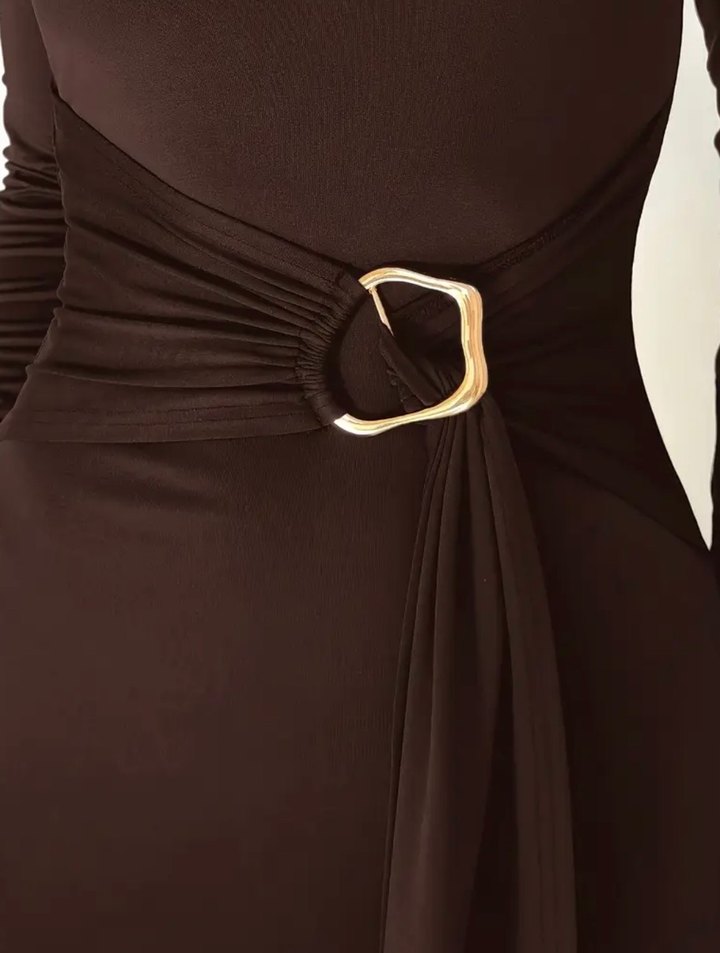 Kahverengi Uzun Kollu Yüksek Yakalı Kadın Elbise - Görsel 3