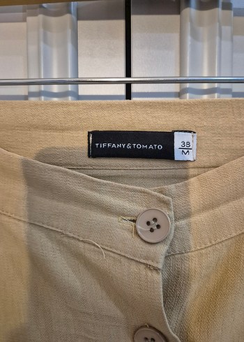 Tiffany Tomato Bej Düğmeli Uzun Keten Etek