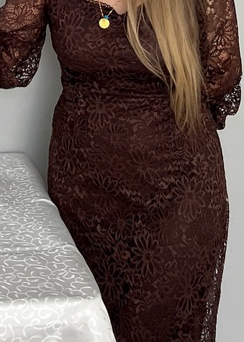 Kahverengi Dantel Midi Elbise - Görsel 2