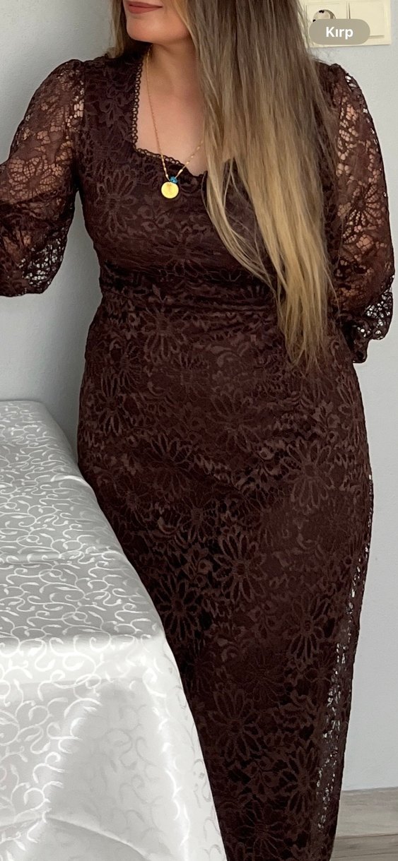 Kahverengi Dantel Midi Elbise - Görsel 2