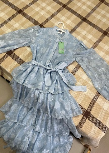 Uzun Kollu Mavi Bohem Renkli Uzun Elbise - Görsel 3