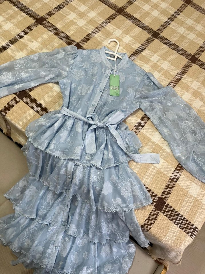 Uzun Kollu Mavi Bohem Renkli Uzun Elbise - Görsel 3