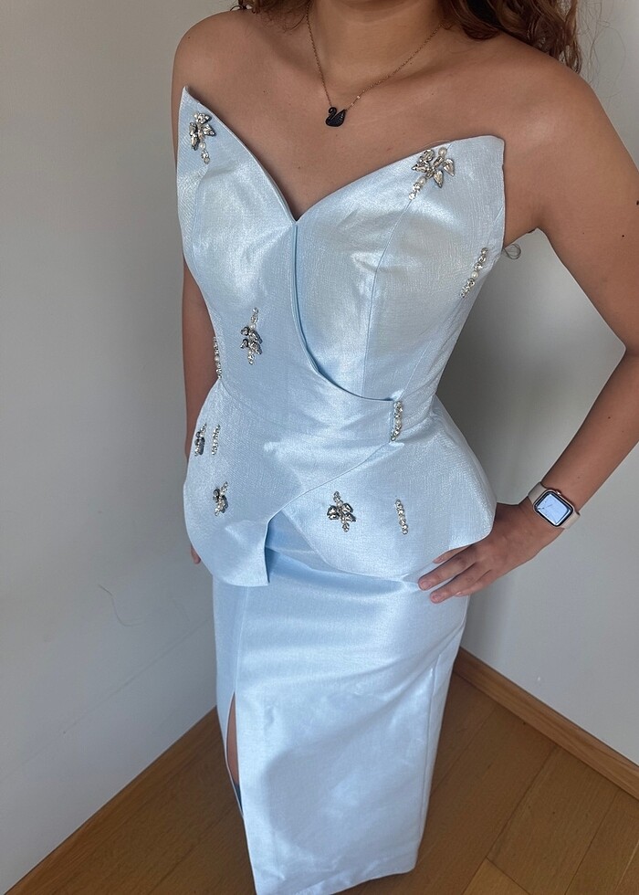 Bebe mavi abiye elbise, etiketli - kolye küpe hediye - Görsel 2