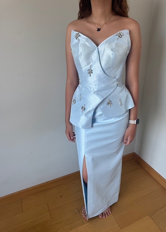 Bebe mavi abiye elbise, etiketli - kolye küpe hediye - Görsel 5