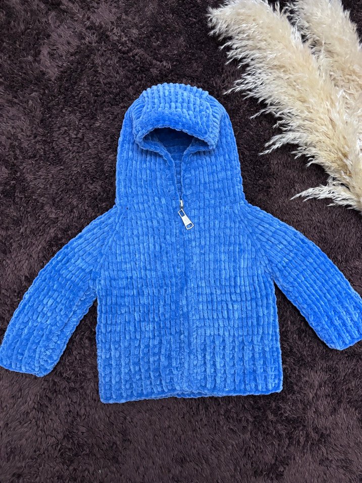 Çocuk Mavi Kapüşonlu mont örgü - Görsel 2