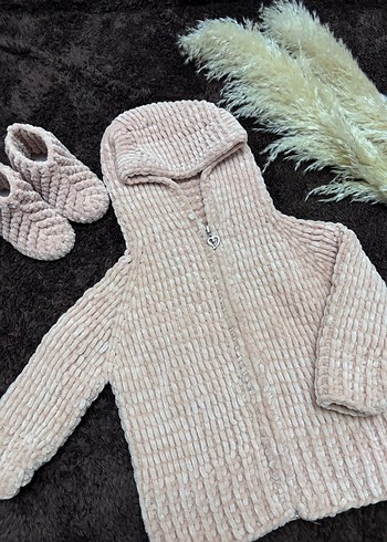 Kız Çocuk Bej Kapüşonlu Örgü Hırka - Görsel 2