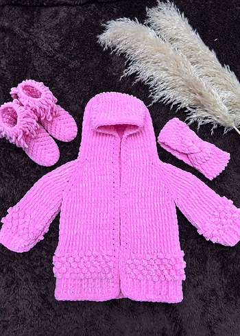 Kız Çocuk Pembe Triko Kapüşonlu Hırka Seti - Görsel 2