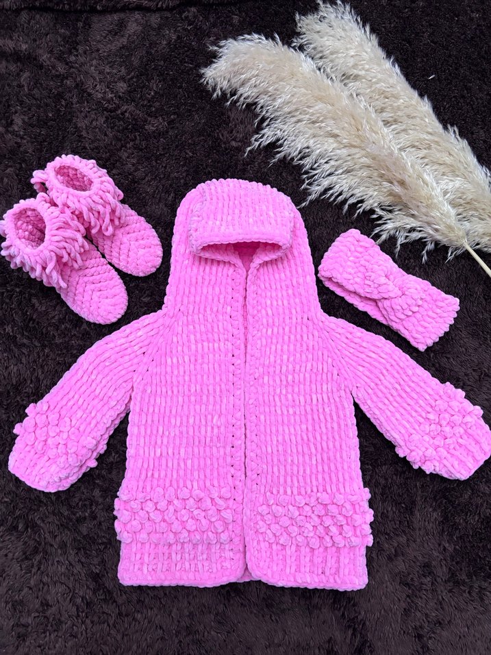 Kız Çocuk Pembe Triko Kapüşonlu Hırka Seti - Görsel 2