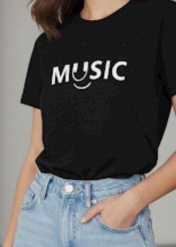Music Baskılı Siyah Tişört